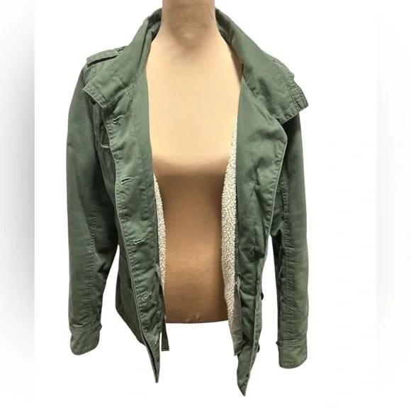 Kirra Field Jacket Womens Med Army Green Sherpa Fleece Lined Canvas Utility Moto - Picture 6 of 13